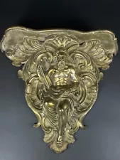 Antique Figural Brass Wall Shelf Bracket Cronus w Scythe Roman God of Harvest