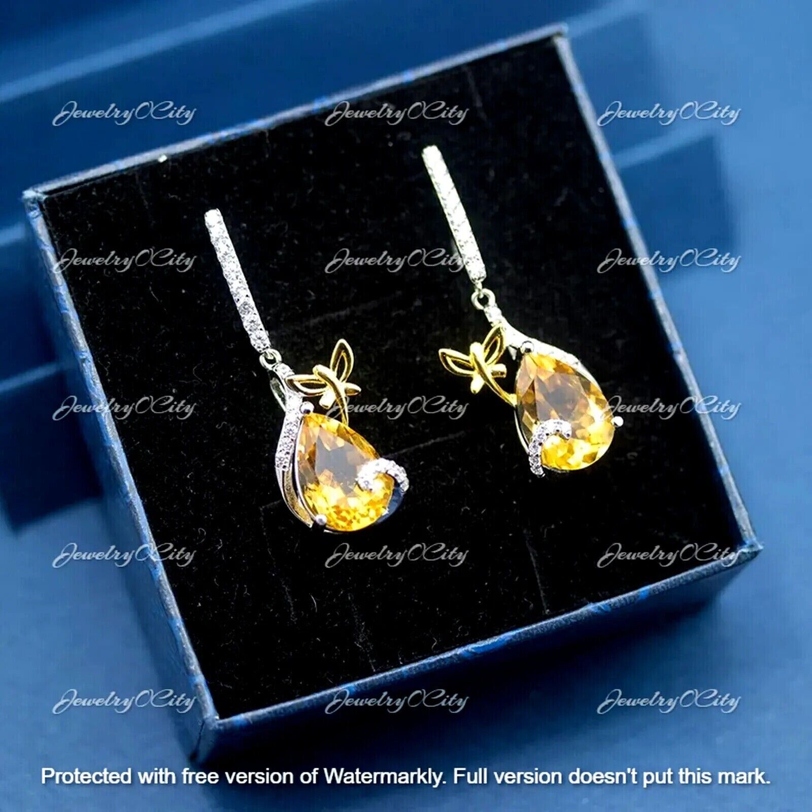 3.20Ct Pear Cut Created Citrine Diamond Drop Earrings 14K Two Tone Gold Finish