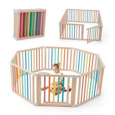 Baby Wooden Playpen, Foldable Shape  Size Adjustable 8 Panel Multicolor
