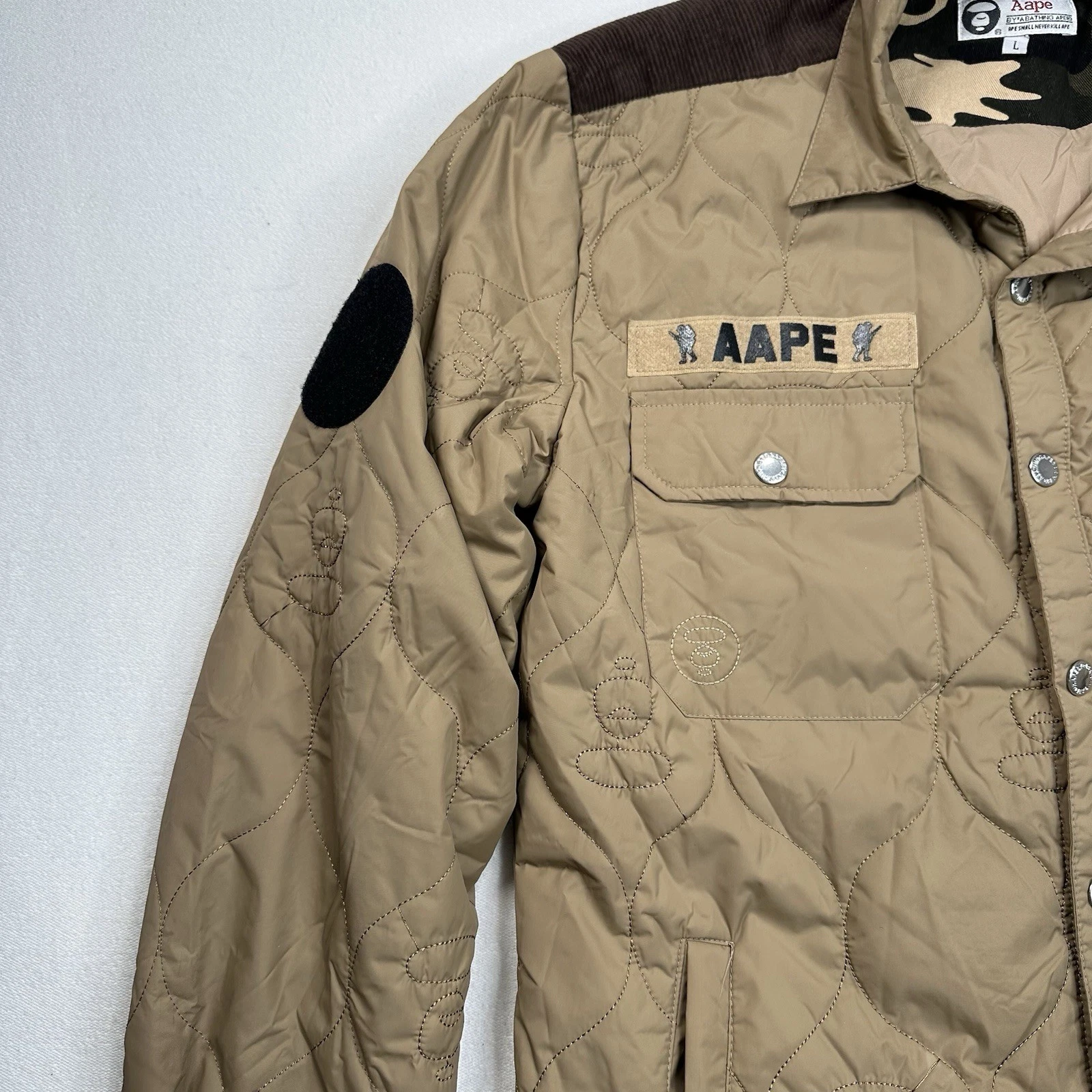 AAPE BY A BATHING APE Quilted Jacket Size Large Patches Military Beige Workwear image 3