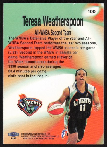 1999 Ultra WNBA Teresa Weatherspoon All-WNBA Team Card #100 - New York Liberty - Picture 2 of 2