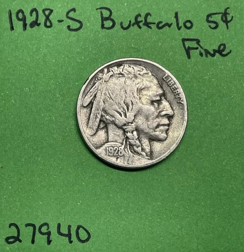 1928-S Buffalo 🦬 Indian Head Nickel 5c Fine