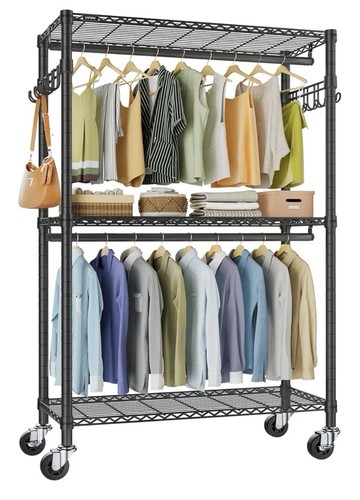 VIPEK Black Metal Clothes Rail Rack, Adjustable Shelves, Wheels, 45x17.7x80.3"