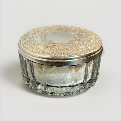 Antique Art Nouveau Lid Cut Glass Vanity Powder Jar Manganese Glass Complete