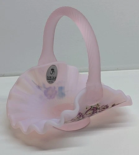 Fenton Hand Painted Pink Satin Glass Mini Basket Purple And White Flowers Signed