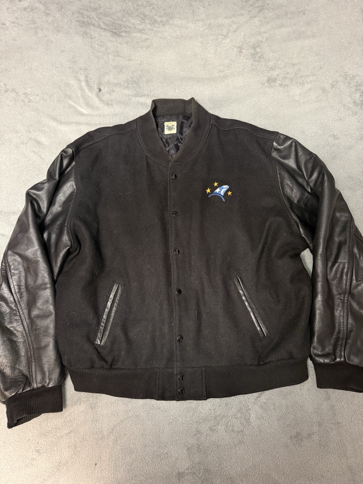 RARE VINTAGE Mickey Sorcerer Jacket Men Black Wool Leather Disney Varsity 80s 90 image 2