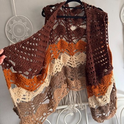 Vintage Handmade Crochet Vest XL Brown Orange ocre Boho Fringe Open Knit Chevron