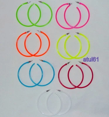 Neon Hoop Earrings 1980's Retro Large Bright Funky Ladies Girls Party Rave Emo