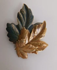 Tri Colored Bronze Silver Gold Tones Metal 3 Fall Leaf Leaves Brooch Pin 
