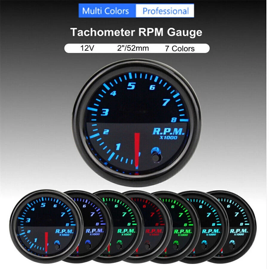 12V Metal 0~8000 RPM Tachometer Tach Gauge Meter 7 Color LED Car Motor Truck - Image 2 of 4