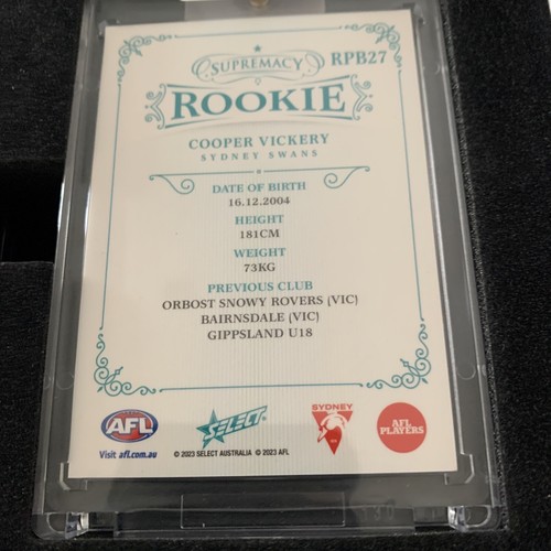 2023 AFL SELECT SUPREMACY ROOKIE - RPB27 Cooper Vickery #17/75 - Picture 2 of 3