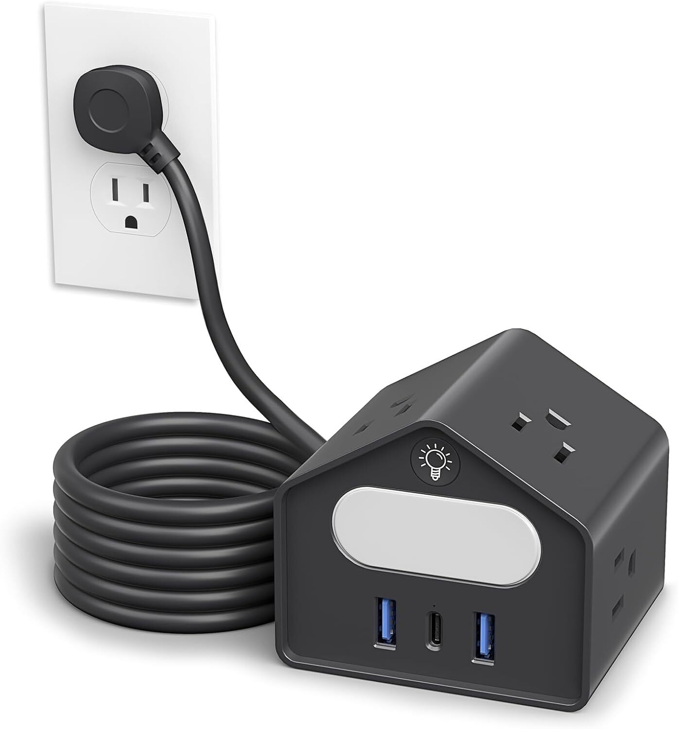 Long Extension Cord 10 FT with USB C Port, Flat Plug Power Strip Surge Black-image
