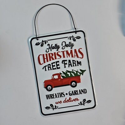 Holly Jolly Christmas Tree Farm Metal Wall Sign Holiday Decor W/Retro Red Truck
