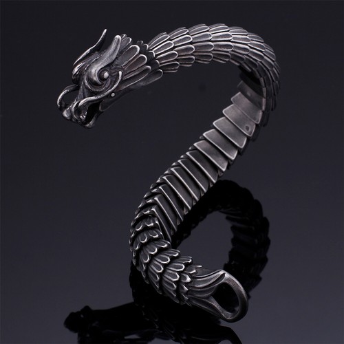 Men's Heavy 153g Black DRAGON Stainless Steel Bangle Cuff Biker Bracelet 8.7" - Picture 2 of 9