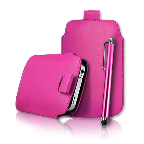 Slim Line Leather Pull Tab Flip Case Cover Pouch & Stylus for Various Phones - Picture 8 of 11