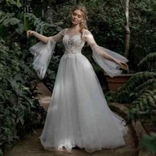 Bohemian chiffon wedding dress lace applique flared sleeve Bridal Gowns