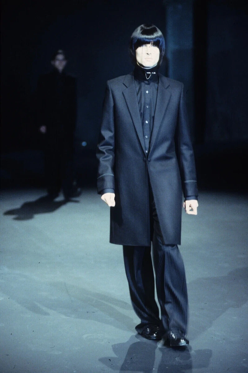 RAF SIMONS 1999 Vintage Runway black worsted wool satin coat