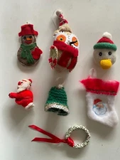 Vintage Christmas Decorations, Assorted Lot of 7, Felt & Yarn 1970s