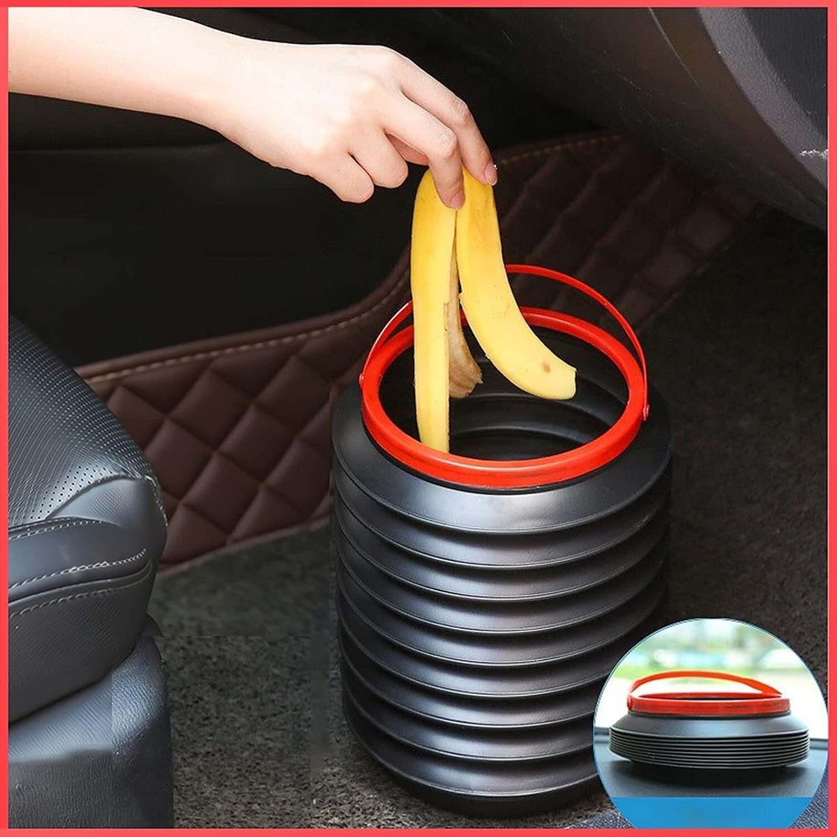 Car Trash Bin Can Holder Dustbin Foldable Retractable Black (L 24