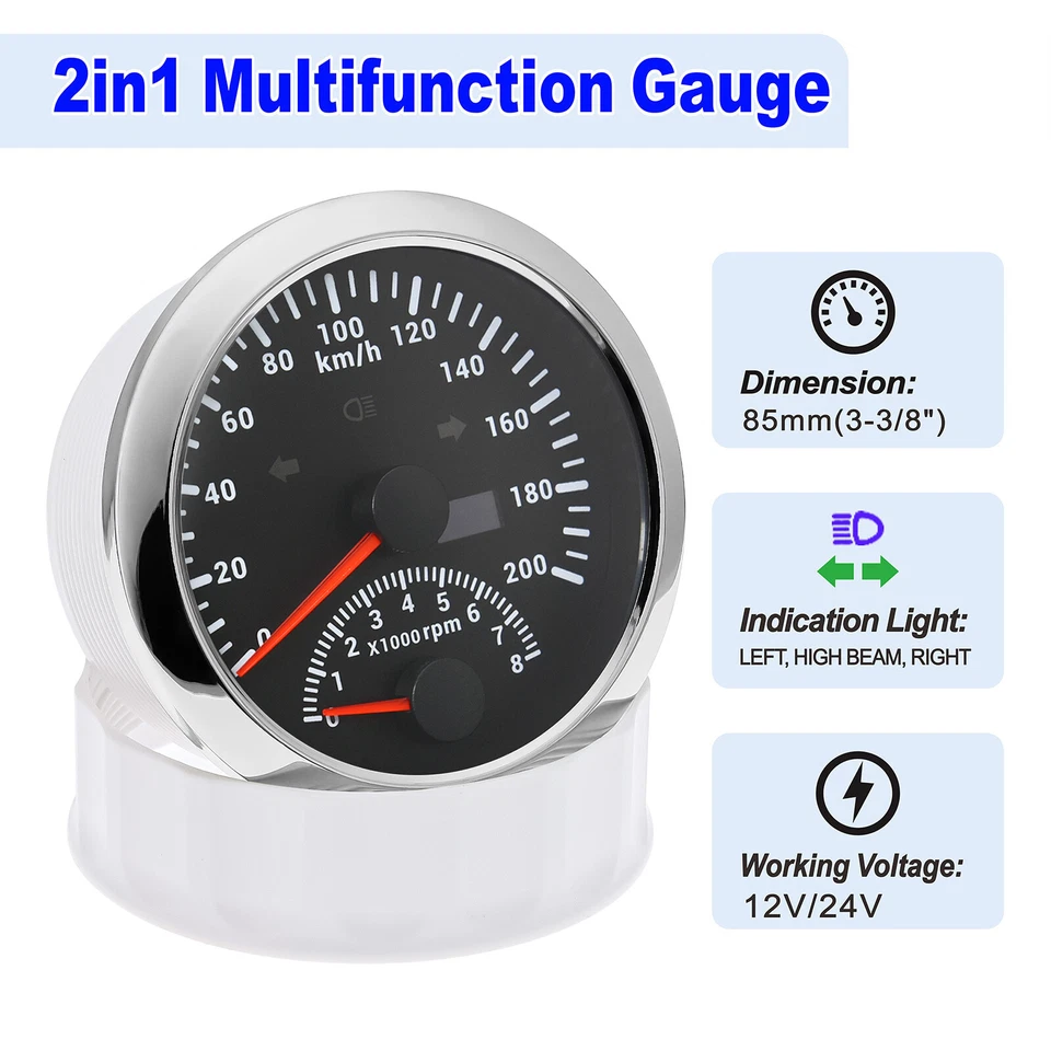 2 Gauge Set 85mm Boat GPS Speedometer 200km/h w/tacho&4 IN 1 Gauge with Sensor - Image 2 of 4