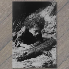 Art Print Creepy Child Staring Giant Reptile Creature Surreal Odd Dark Spooky