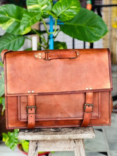 18" New Men's Shoulder Satchel Briefcase Handmade Goat Leather Messenger Bag - Picture 4 of 6