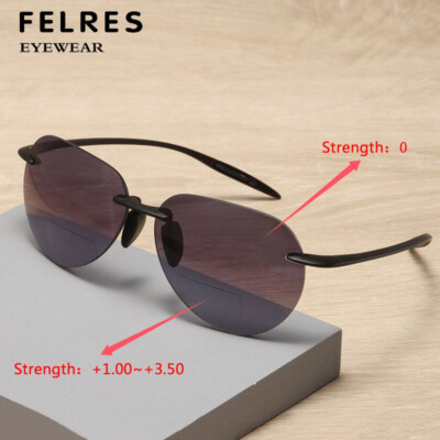 Men TR90 Bifocal Tinted Reading Glasses Retro Rimless Oval