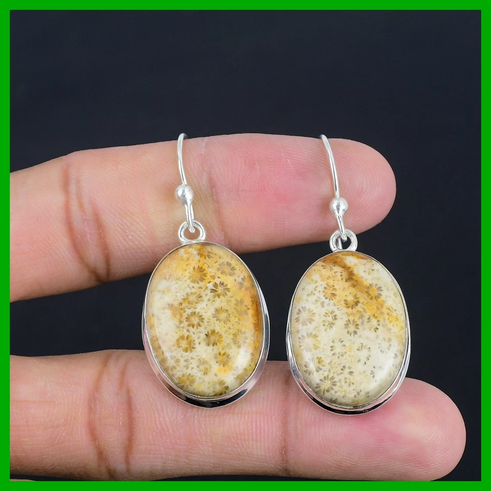 Pendientes colgantes con bisel de coral fósil natural de plata de ley 925 oferta del día de la madre Foto 2 de 4