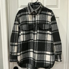 H M Men's Plaid Shacket Jacket Button Front Pockets Black Gray White Size S