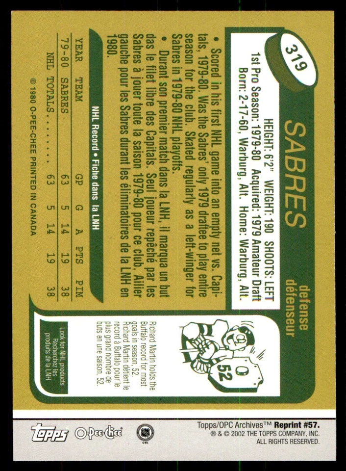 2001-02 Topps / O-Pee-Chee Archives Lindy Ruff #57 - Image 2 of 2