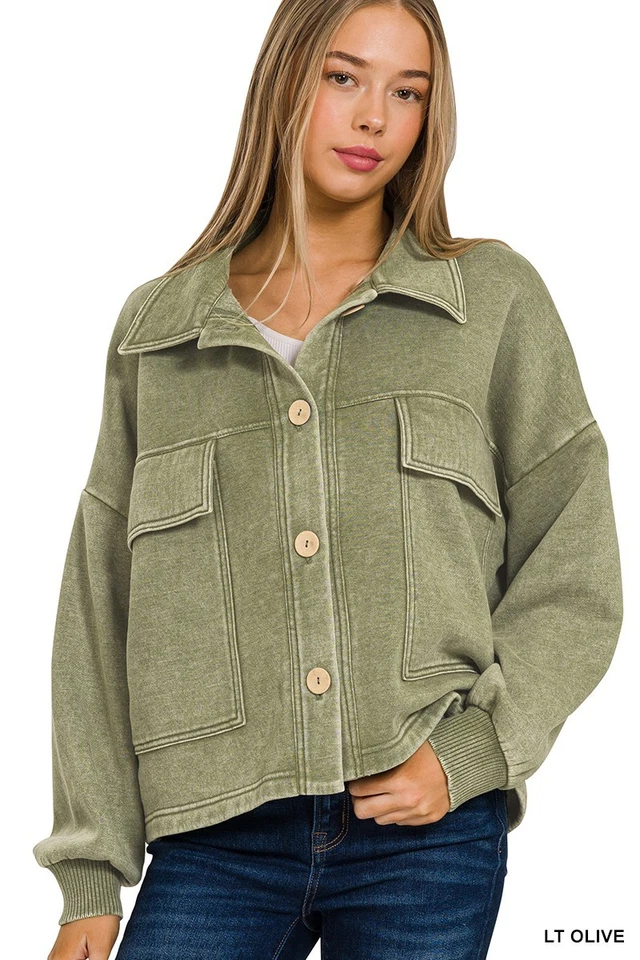 Ladies Zenana Light Olive Acid Wash Fleece Front Pocket Cropped Shacket - Image 2 of 2