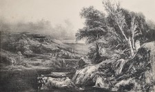 Estampe XIXème paysage rivière "Le Pêcheur" de Théodore Rousseau