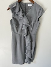 Calvin Klein Womens Asymetrical Sheath Ruffle Dress Size 6P Gray Sleeveless