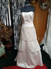 Champagne Strapless Satin Tiered Beaded Waistband Wedding Dress Size 8