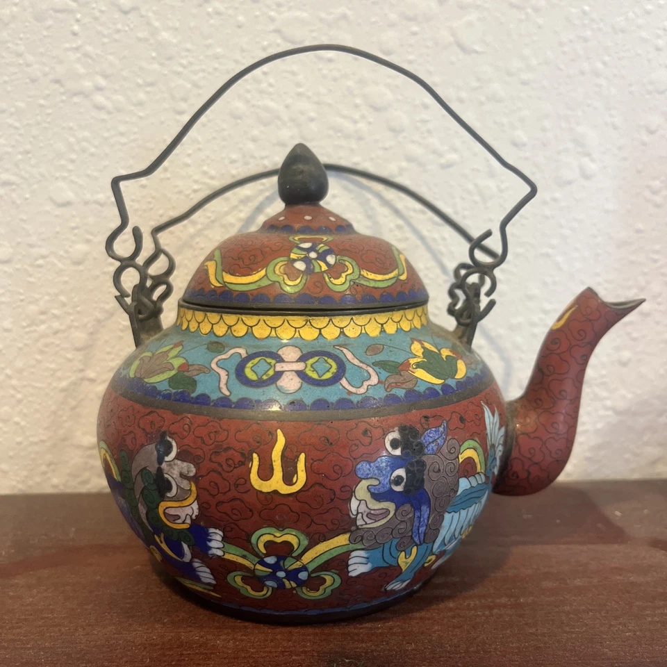 Fantástica tetera rara genuina antigua china cloisonné roja león negro marcada  Foto 2 de 4