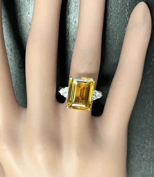 14k Massiv Weißgold Citrin & Diamanten Ring Smaragd Schnitt 7.20 Karat Hochzeit - Bild 4 von 4