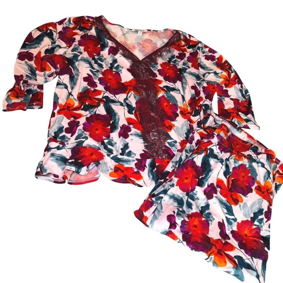 The Pioneer Woman Womens Size 2X Pajama Set 2-Piece Floral Lace Trim V ...