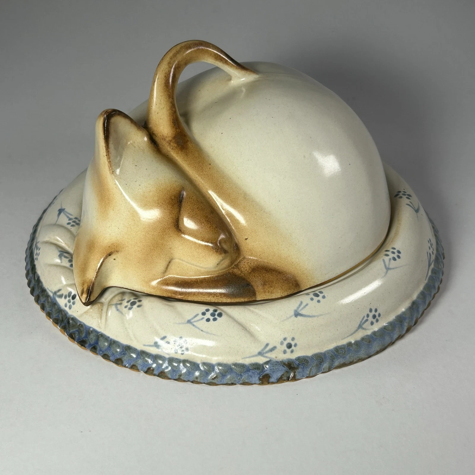 Studio Pottery Sleeping Cat Covered Dish Cat Butter Dish Handmade Ceramic