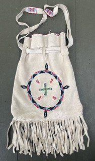 NATIVE AMERICAN APACHE BEADED FRINGED POUCH BAG