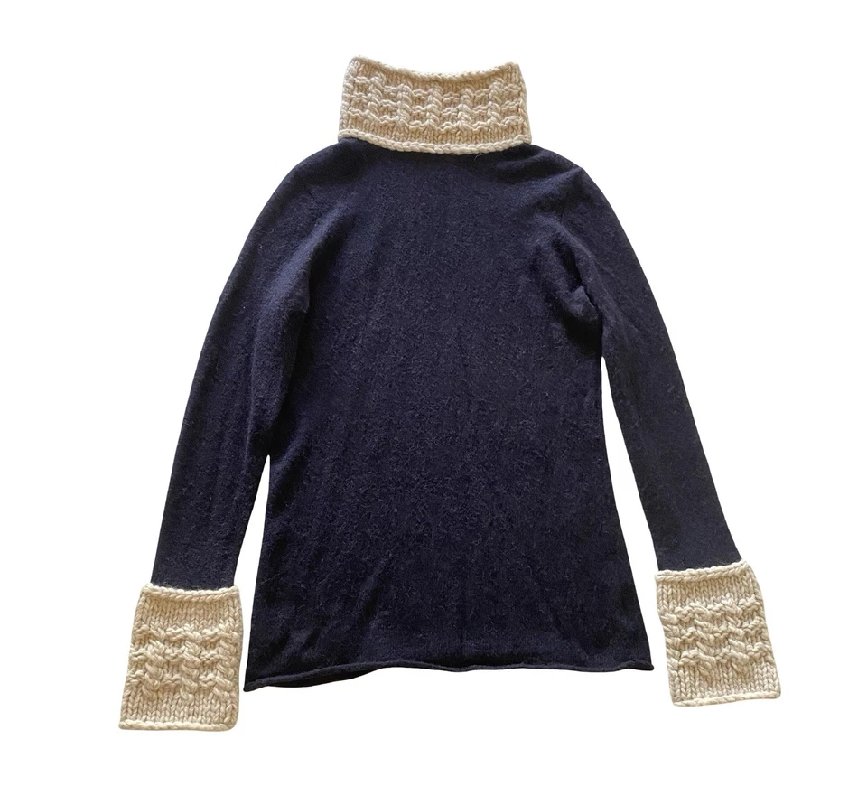 Tory Burch Alpaca Wool Blend Sweater M Navy Beige Knit Cuffs Collar Deadstock - Image 2 of 4