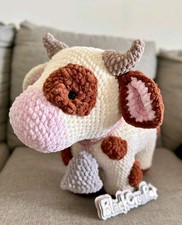 1 Handmade AMIGURUMI COW CATTLE BROWN Spots with BELL HOME Decoration Gift