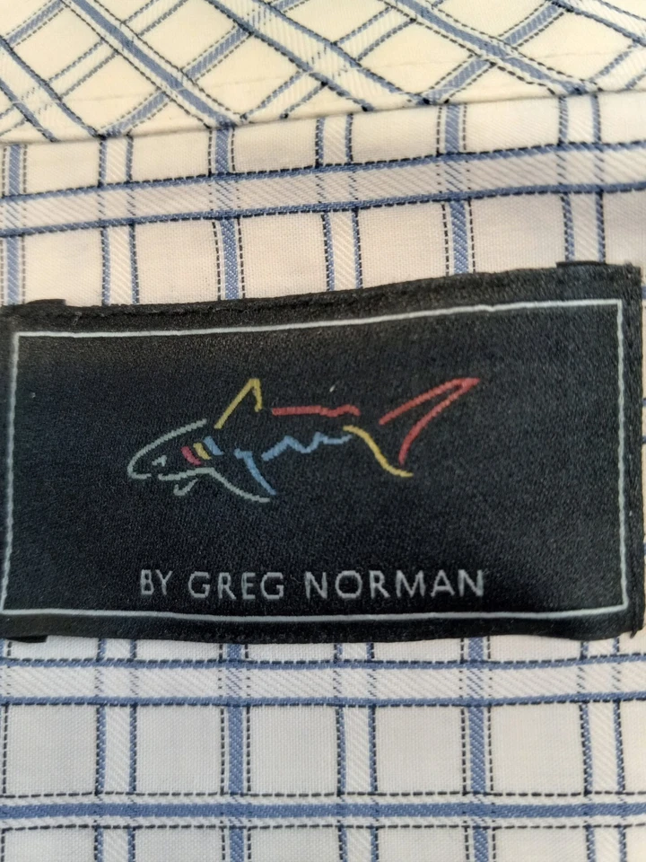Camisa de vestir Greg Norman para hombre 17/38 2XL 100 % algodón gran bolsillo de tiburón blanco usada en excelente estado Foto 2 de 4