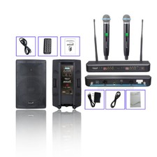 15 Inch Active PA Powered Audio Speaker W/ 2CH UHF Handheld Wireless Microphones