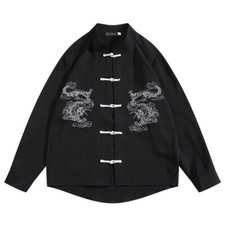 Herren Drachen Stickerei Top Hemd Bluse Frosch Knopf Chinesisch Tang Anzug Retro