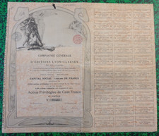 LYON-CLAESEN Editions 1899 Preferred Share 100 Frs Illustrated E-ROCHER Original