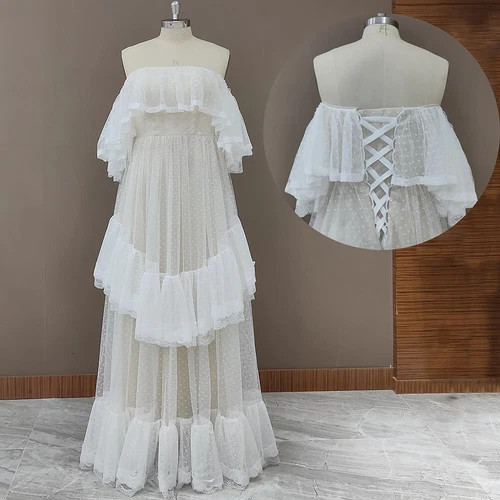 Viktorianische A-Linie Brautkleider Stufen Spitze Rüschen Brautkleider Schulterfrei - Bild 6 von 9