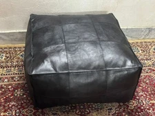 Wonderful 30'' Black Footrest Goat Classic Unstuffed Moroccan Boho Leather