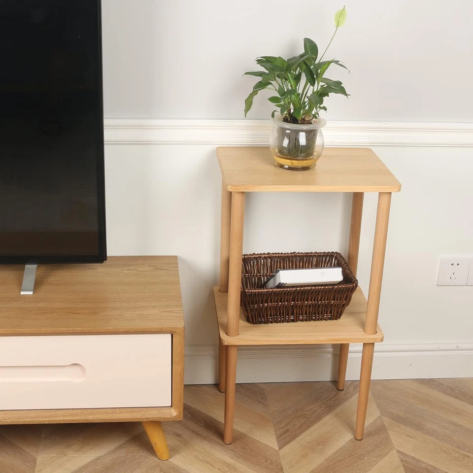 Solid Wood Side Table, 2-Tier Narrow End Table with Storage Shelves for Small Pl - Image 4 of 4
