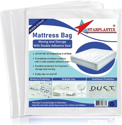 Starplastix Mattress Bags for Moving and storage { 2PACK } Queen Size