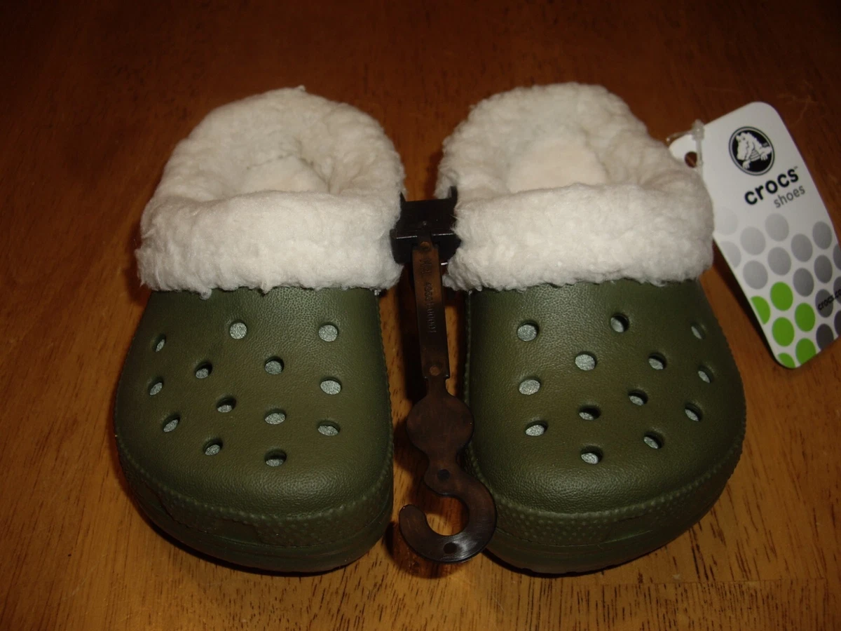 NEW Child Size C 6 7 Crocs Mammoth Kids Slip On Army Green w Fuzzy